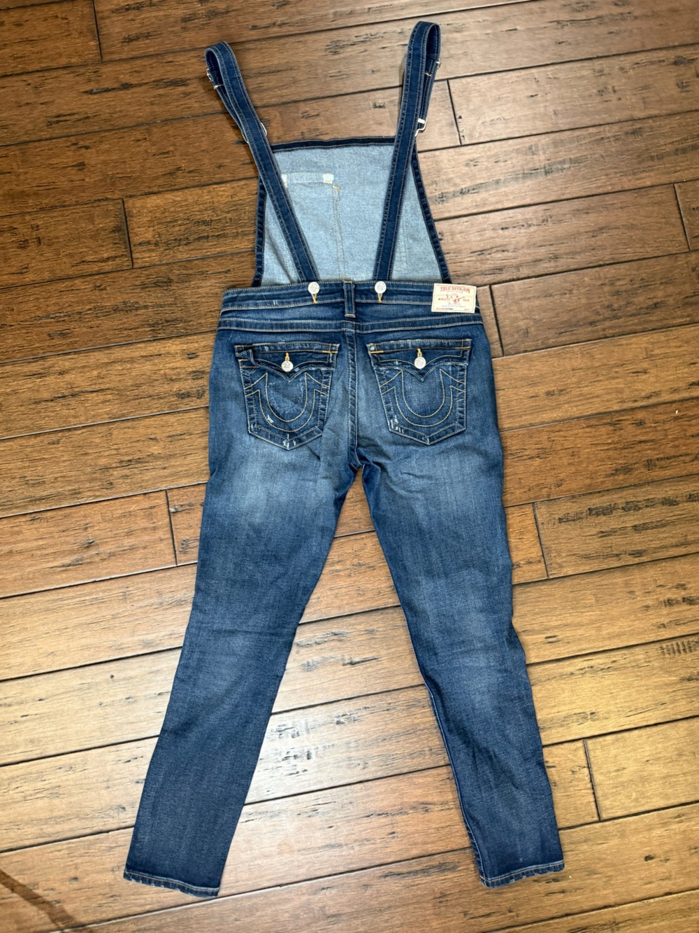 True Religion Medium Wash Denim Overalls Jumpsuit Skinny Leg Size Large